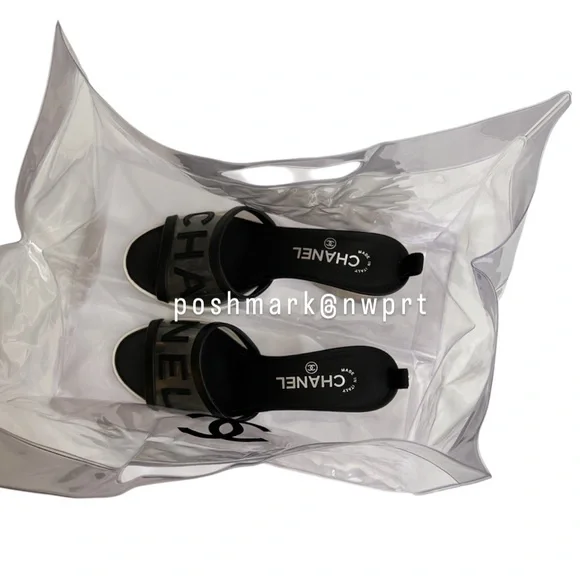 CHANEL 💯 Logo PVC Slides Sandals Mules Transparent Clear Black 37 7 Box Bag SS19 - Picture 15 of 17